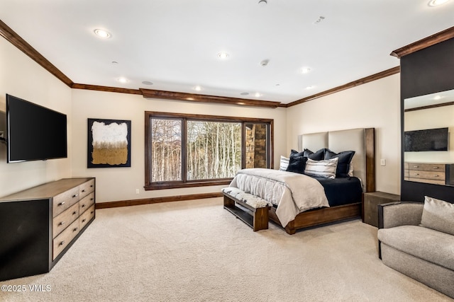 76 Elkhorn, Avon, CO 81620 - bedroom featuring light colored carpet, recessed lighting, crown molding, and baseboards