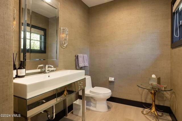 bathroom with hardwood / wood-style flooring, toilet, and sink