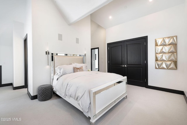 47 Woodviolet Rd, Avon, CO 81620 - bedroom featuring recessed lighting, high vaulted ceiling, light colored carpet, and baseboards