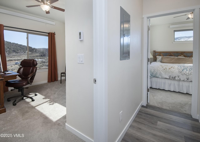 hallway featuring baseboards, electric panel, and carpet flooring