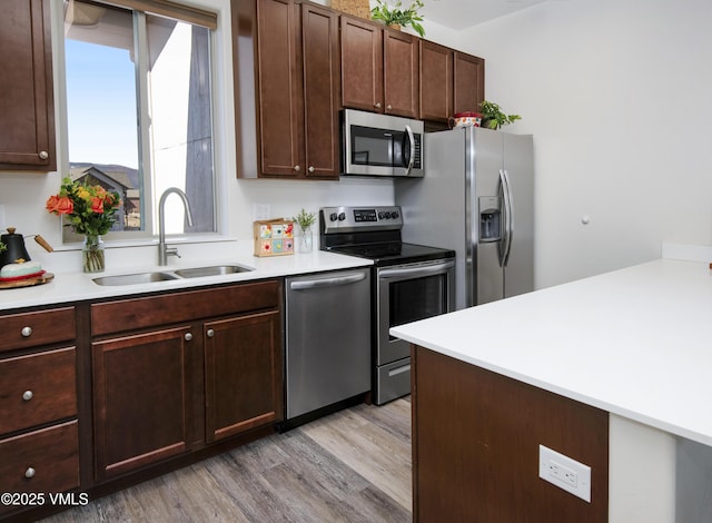 kitchen featuring light countertops, appliances with stainless steel finishes, a sink, and light wood-style flooring