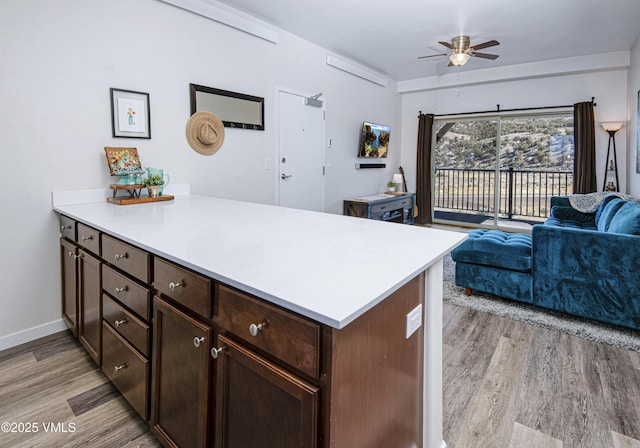 kitchen with a peninsula, light wood finished floors, open floor plan, and light countertops