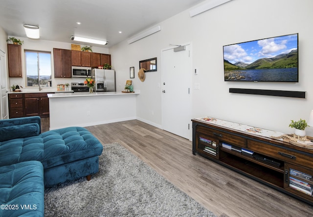 living area featuring wood finished floors and baseboards