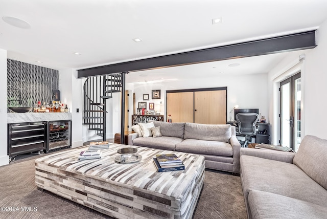 living room featuring beverage cooler and bar area