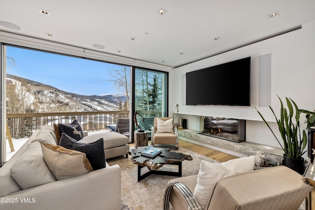 living room featuring plenty of natural light, floor to ceiling windows, and light hardwood / wood-style flooring