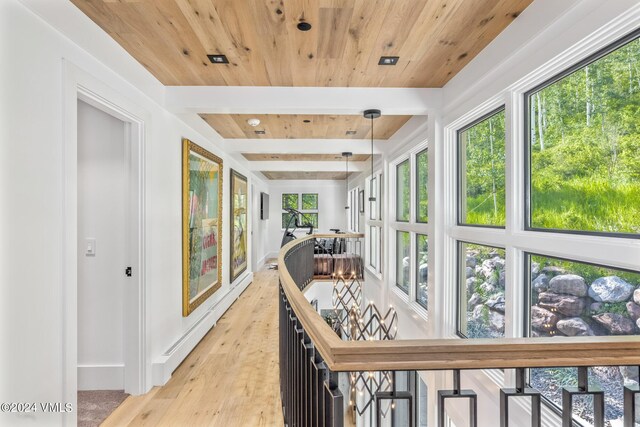 interior space with plenty of natural light, beam ceiling, light hardwood / wood-style flooring, and wooden ceiling