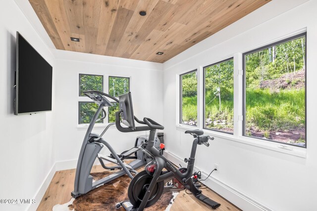 workout area featuring light hardwood / wood-style floors and wooden ceiling