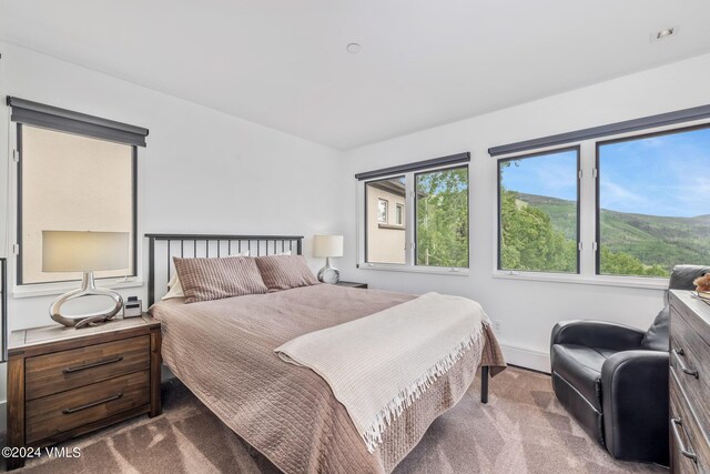 carpeted bedroom featuring a mountain view