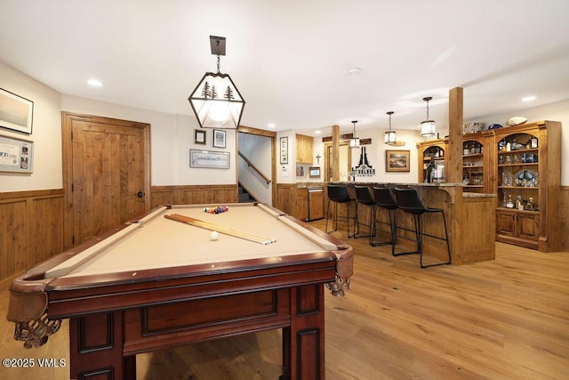 775 Potato Patch Dr Unit E, Vail, CO 81657 - playroom with a wainscoted wall, bar, pool table, light wood-style floors, and recessed lighting