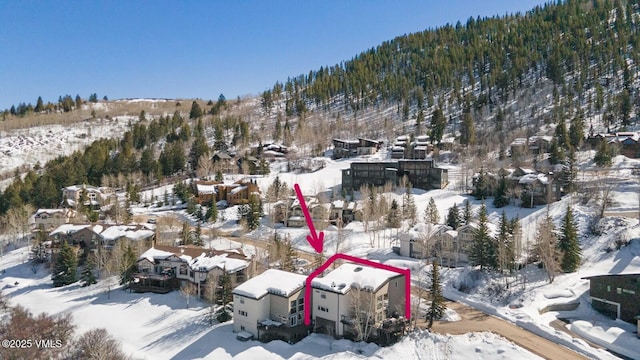 225 Daisy Ln Unit A, Eagle-Vail, CO 81620 - snowy aerial view with property boundaries highlighted and a mountain view