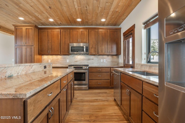 kitchen featuring stainless steel appliances, backsplash, a sink, and wood ceiling