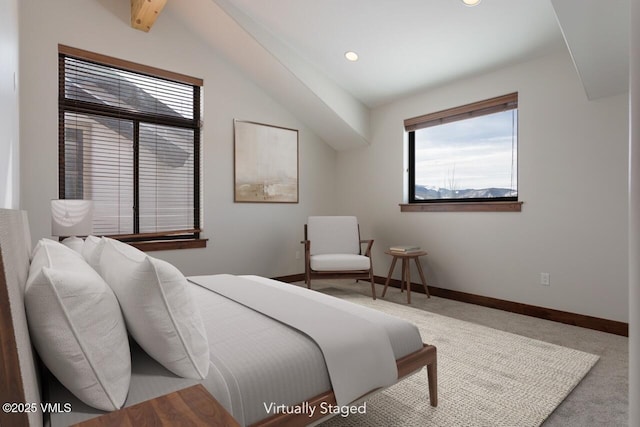 bedroom featuring vaulted ceiling with beams, baseboards, carpet flooring, and recessed lighting