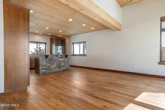 unfurnished living room with recessed lighting, wood finished floors, wood ceiling, baseboards, and beam ceiling