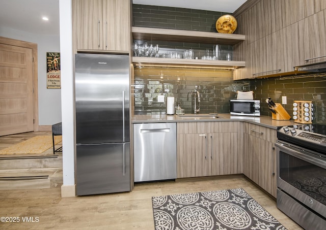 kitchen featuring stainless steel appliances, backsplash, light wood finished floors, and a sink