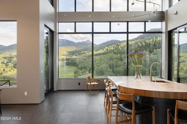 interior space featuring a mountain view and sink