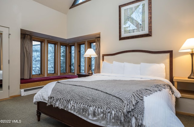 bedroom featuring a baseboard radiator, high vaulted ceiling, and carpet