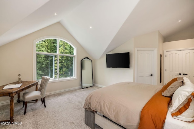 1531 Lake Creek Rd, Edwards, CO 81632 - bedroom featuring lofted ceiling, baseboards, light carpet, and recessed lighting