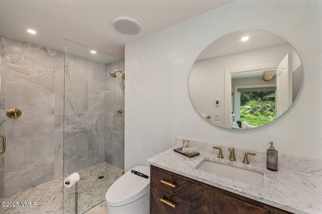 1531 Lake Creek Rd, Edwards, CO 81632 - bathroom with a marble finish shower, vanity, and recessed lighting
