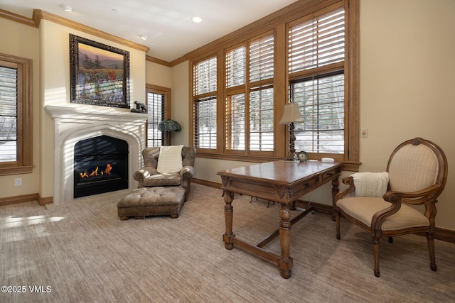 273 Bearden Rd, Edwards, CO 81632 - carpeted office featuring crown molding, baseboards, and a glass covered fireplace