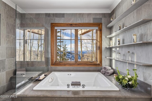 bathroom featuring tiled tub and ornamental molding