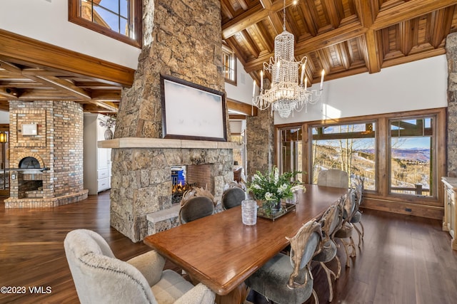 dining space with an inviting chandelier, wood ceiling, a fireplace, and dark wood-type flooring