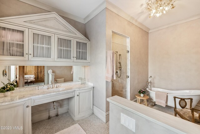 bathroom with independent shower and bath, ornamental molding, vanity, and a chandelier