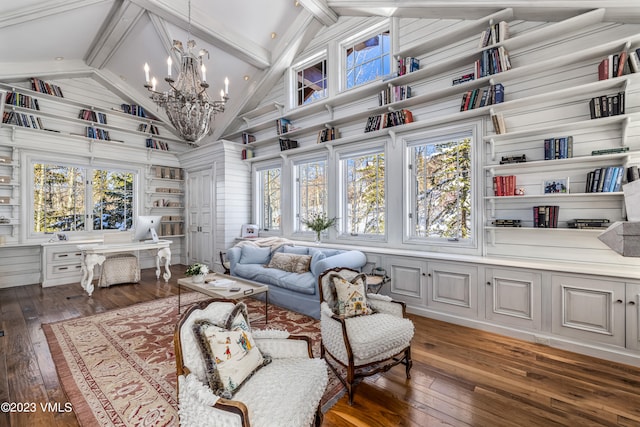 interior space featuring beam ceiling, high vaulted ceiling, dark hardwood / wood-style floors, and an inviting chandelier