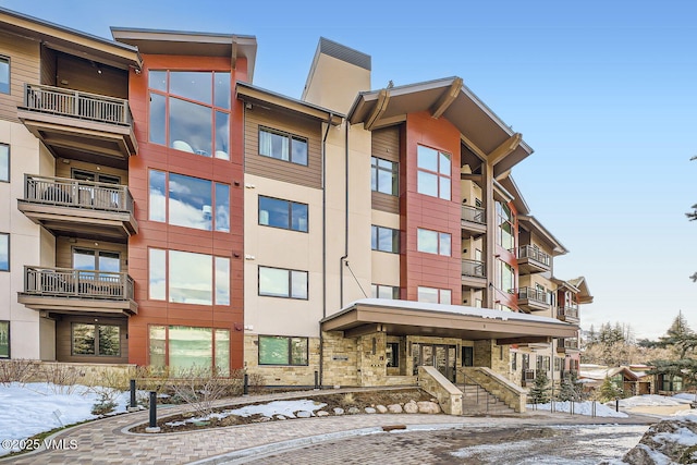 view of snow covered building