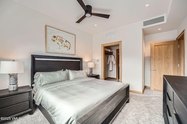 bedroom featuring light colored carpet, visible vents, baseboards, and recessed lighting