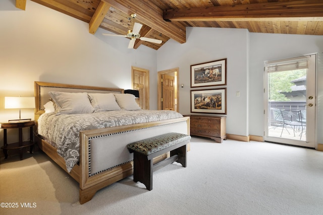66 Arrowhead Cir Unit 13, Edwards, CO 81632 - bedroom with wooden ceiling, light colored carpet, access to outside, baseboards, and ceiling fan