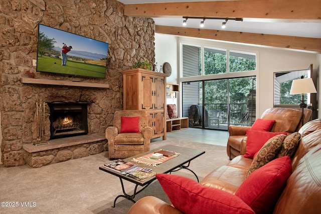 living room with light colored carpet, a fireplace, and lofted ceiling with beams