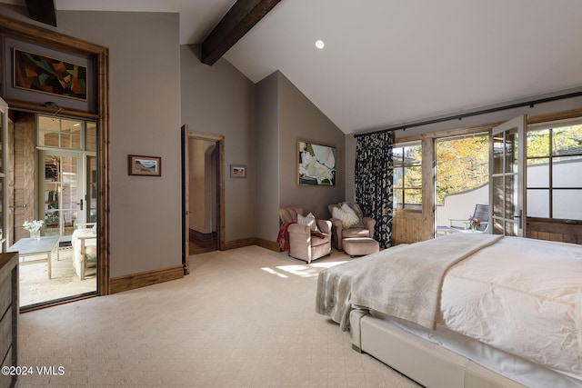 bedroom featuring beam ceiling, high vaulted ceiling, and access to exterior