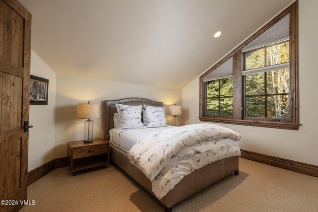 carpeted bedroom featuring vaulted ceiling