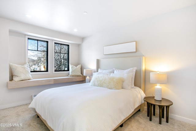 bedroom featuring carpet floors, recessed lighting, and baseboards