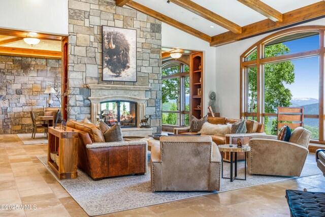 46 Jasmine, Avon, CO 81620 - living room with a stone fireplace and ceiling fan