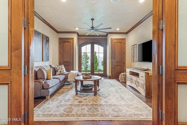 46 Jasmine, Avon, CO 81620 - living room with crown molding, dark wood-type flooring, and recessed lighting