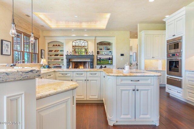 kitchen featuring a raised ceiling, white cabinetry, and dark hardwood / wood-style flooring