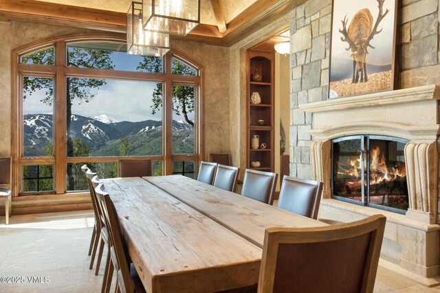 46 Jasmine, Avon, CO 81620 - dining room featuring a mountain view, built in features, and a large fireplace