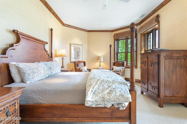 carpeted bedroom with crown molding