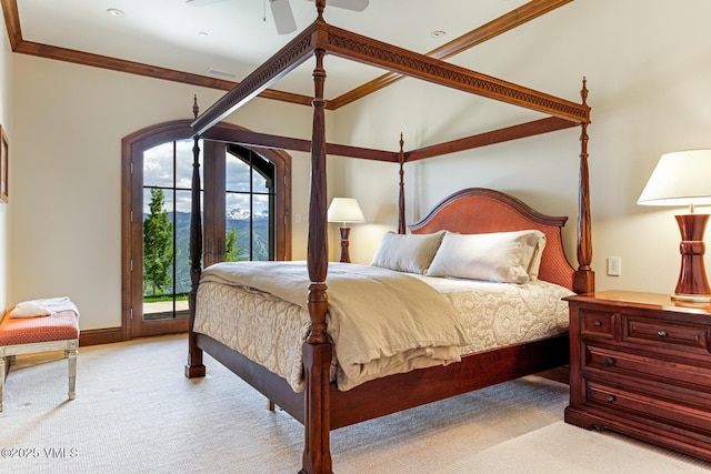 46 Jasmine, Avon, CO 81620 - bedroom with access to exterior, carpet flooring, ornamental molding, and a ceiling fan