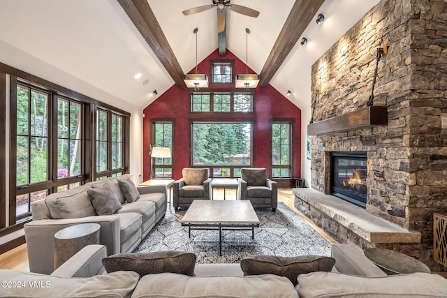 living room featuring a healthy amount of sunlight, a stone fireplace, beam ceiling, and light wood-type flooring