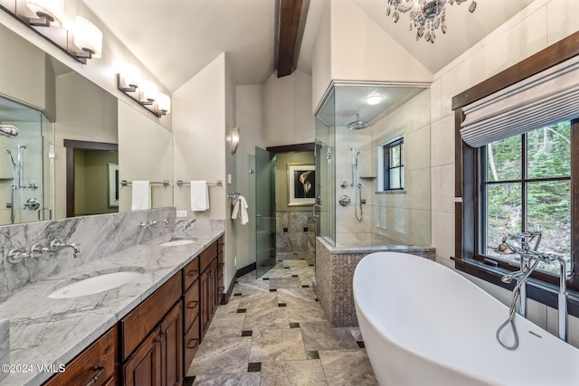 bathroom featuring lofted ceiling with beams, plus walk in shower, and vanity