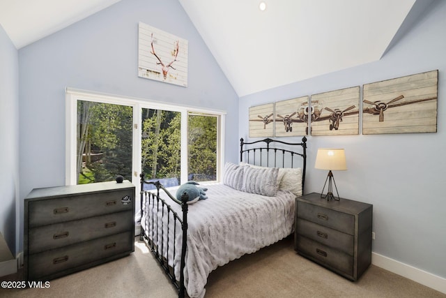 2036 Vermont Rd, Vail, CO 81657 - carpeted bedroom featuring high vaulted ceiling and baseboards