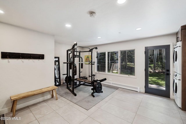 2036 Vermont Rd, Vail, CO 81657 - exercise room with stacked washing machine and dryer, recessed lighting, a baseboard radiator, and light tile patterned floors