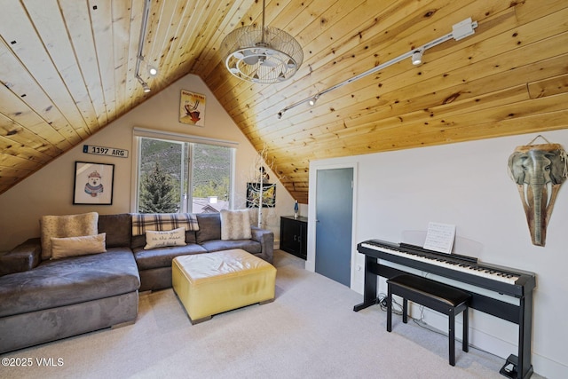 2036 Vermont Rd, Vail, CO 81657 - carpeted living room featuring wooden ceiling, rail lighting, and vaulted ceiling