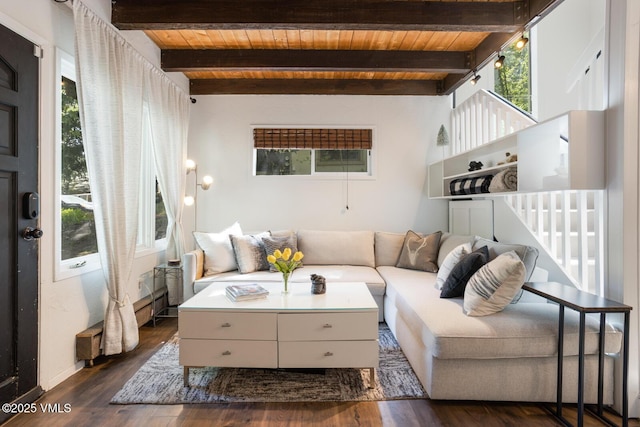 2932 Bellflower Dr Unit B, Vail, CO 81657 - living room featuring wood ceiling with exposed beams and dark wood-style flooring