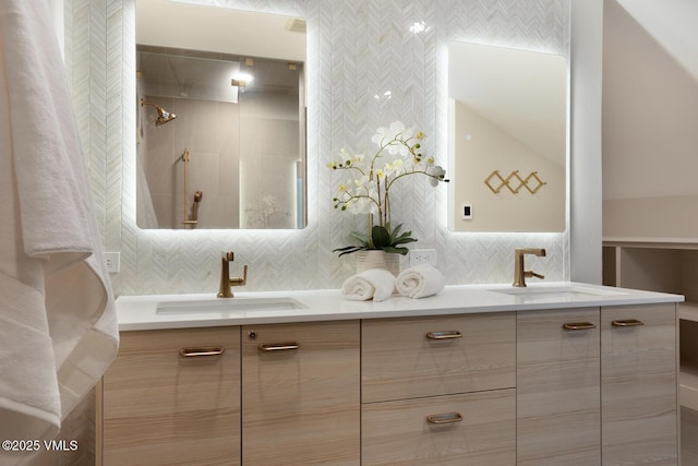 50 Hereford Rd, Edwards, CO 81632 - full bath featuring double vanity, decorative backsplash, and tile walls