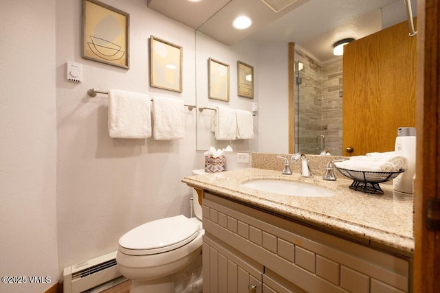 120 Offerson Rd Unit 3002, Beaver Creek, CO 81620 - full bathroom featuring a baseboard radiator, a shower stall, toilet, and vanity