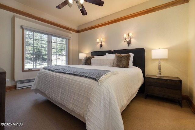 120 Offerson Rd Unit 3002, Beaver Creek, CO 81620 - bedroom with carpet, a baseboard radiator, baseboards, and a ceiling fan
