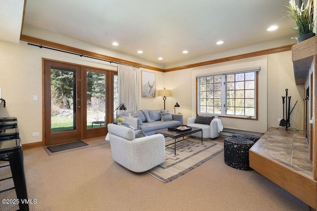 120 Offerson Rd Unit 3002, Beaver Creek, CO 81620 - carpeted living room with french doors, recessed lighting, and baseboards